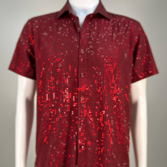Siam Crystals on Dark Red Fabric Dress Shirt (Short Sleeves)