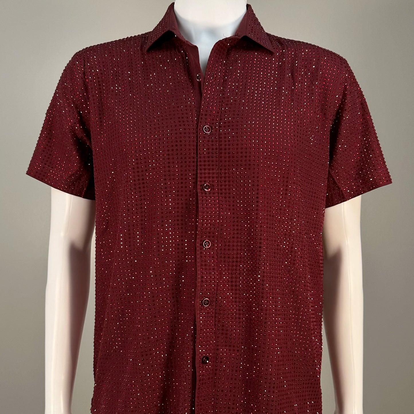 Red Siam Crystal Rhinestone Short Sleeve Dress Shirt on Dark Red Fabric – Handmade, Sophisticated