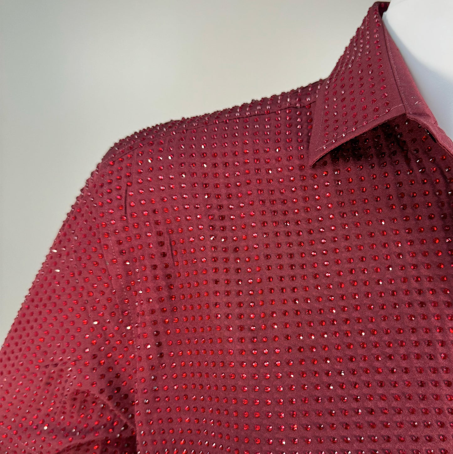 Siam Crystals on Dark Red Fabric Dress Shirt (Short Sleeves)