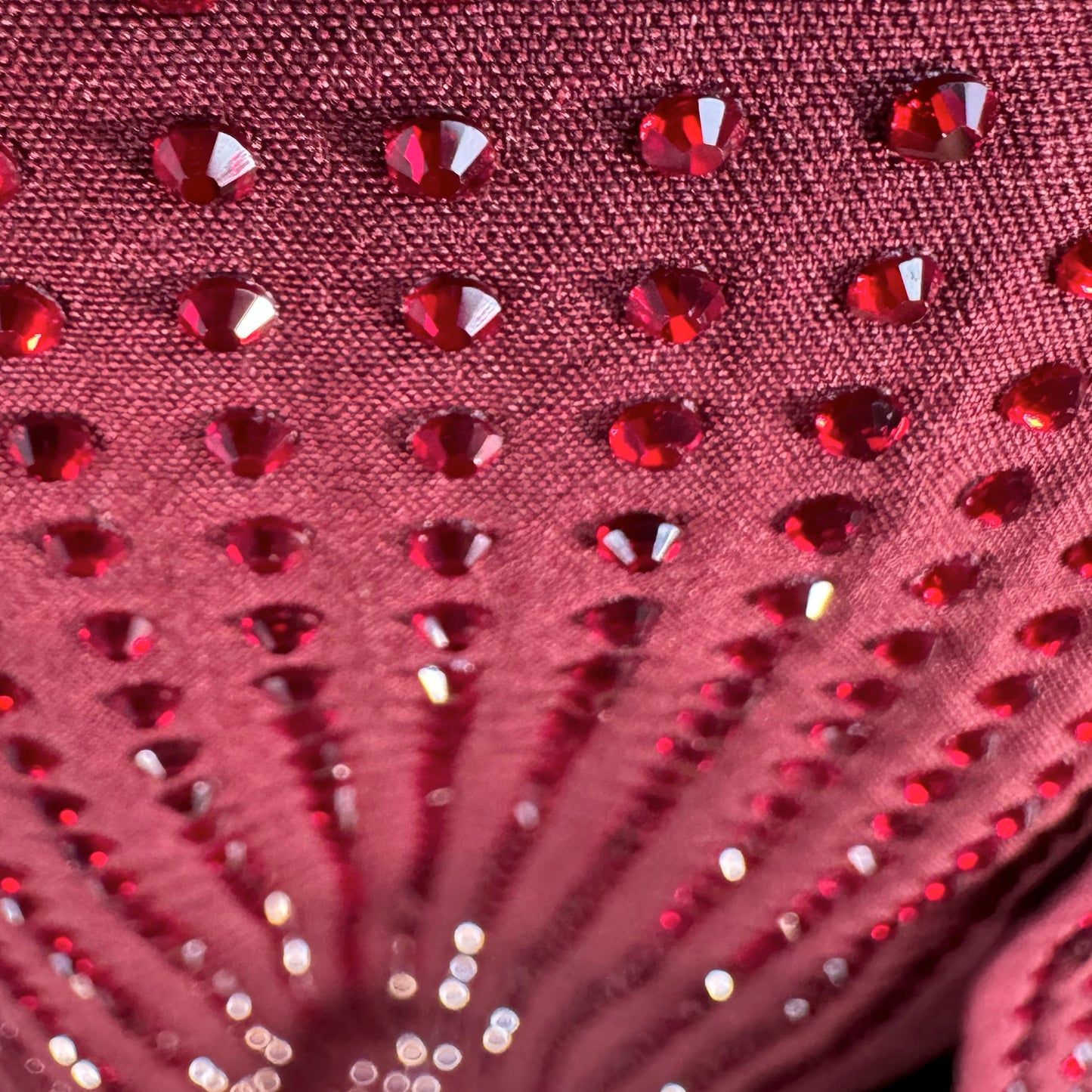 Red Siam Crystal Rhinestone Short Sleeve Dress Shirt on Dark Red Fabric – Handmade, Sophisticated