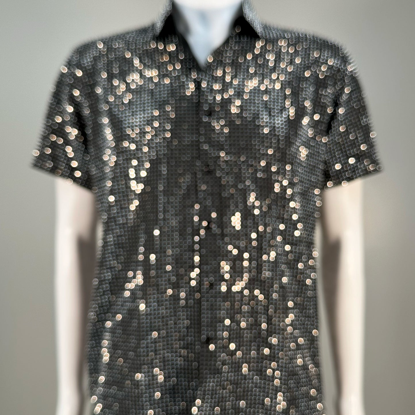 Silver Crystal Rhinestone Short Sleeve Dress Shirt on Black Fabric – Handmade, Sophisticated