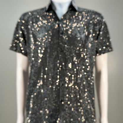 Silver Crystals on Black Fabric Dress Shirt (Short Sleeves)