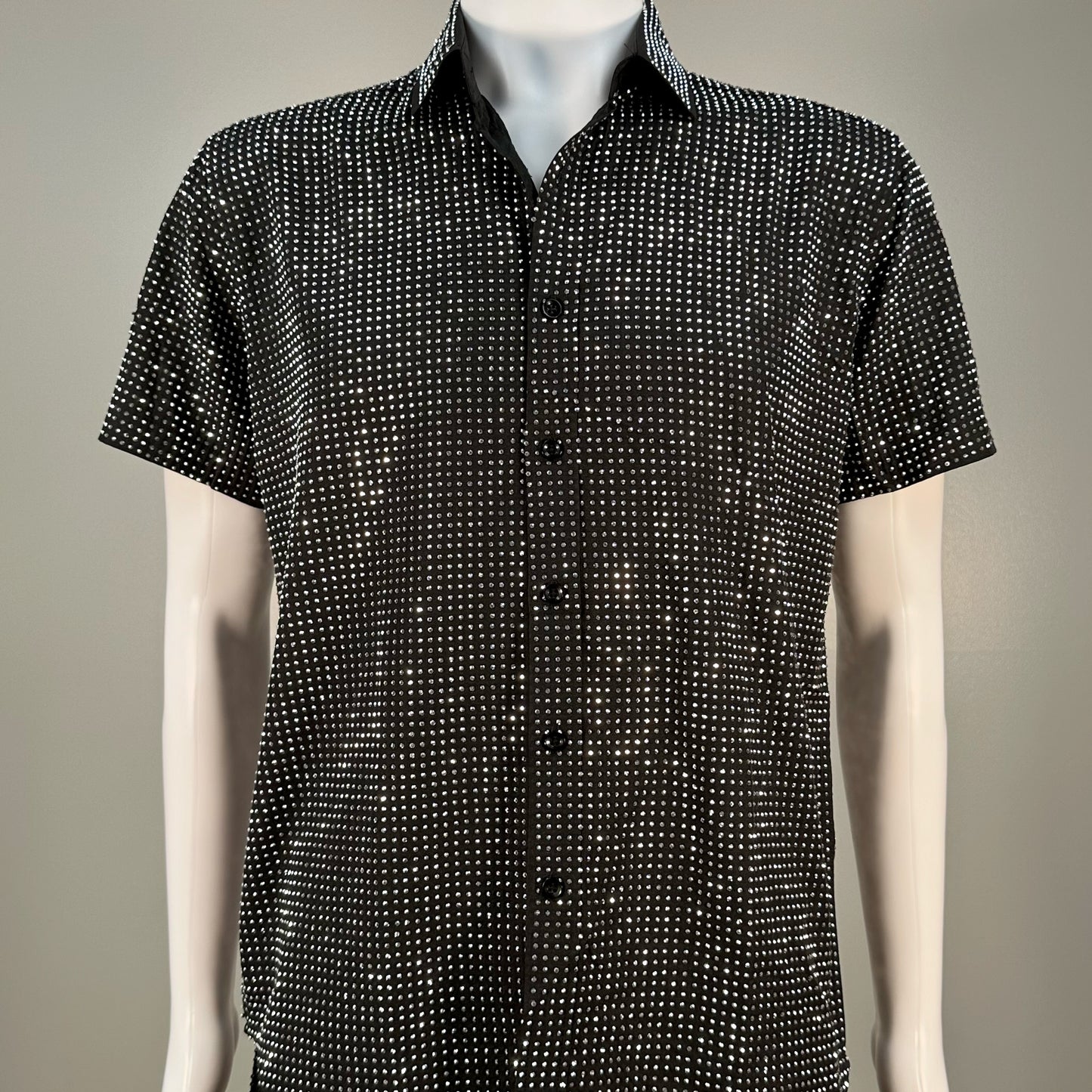 Silver Crystal Rhinestone Short Sleeve Dress Shirt on Black Fabric – Handmade, Sophisticated