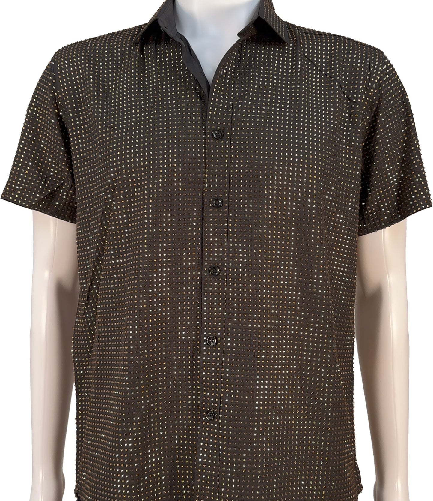 Gold Crystals on Black Fabric Dress Shirt (Short Sleeves)