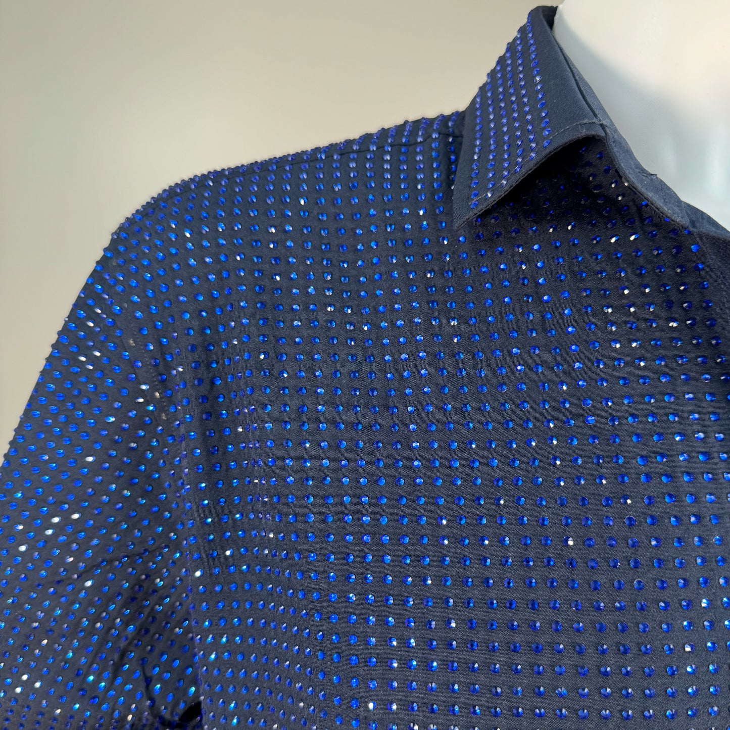 Sapphire Crystals on Navy Fabric Dress Shirt (Short Sleeves)