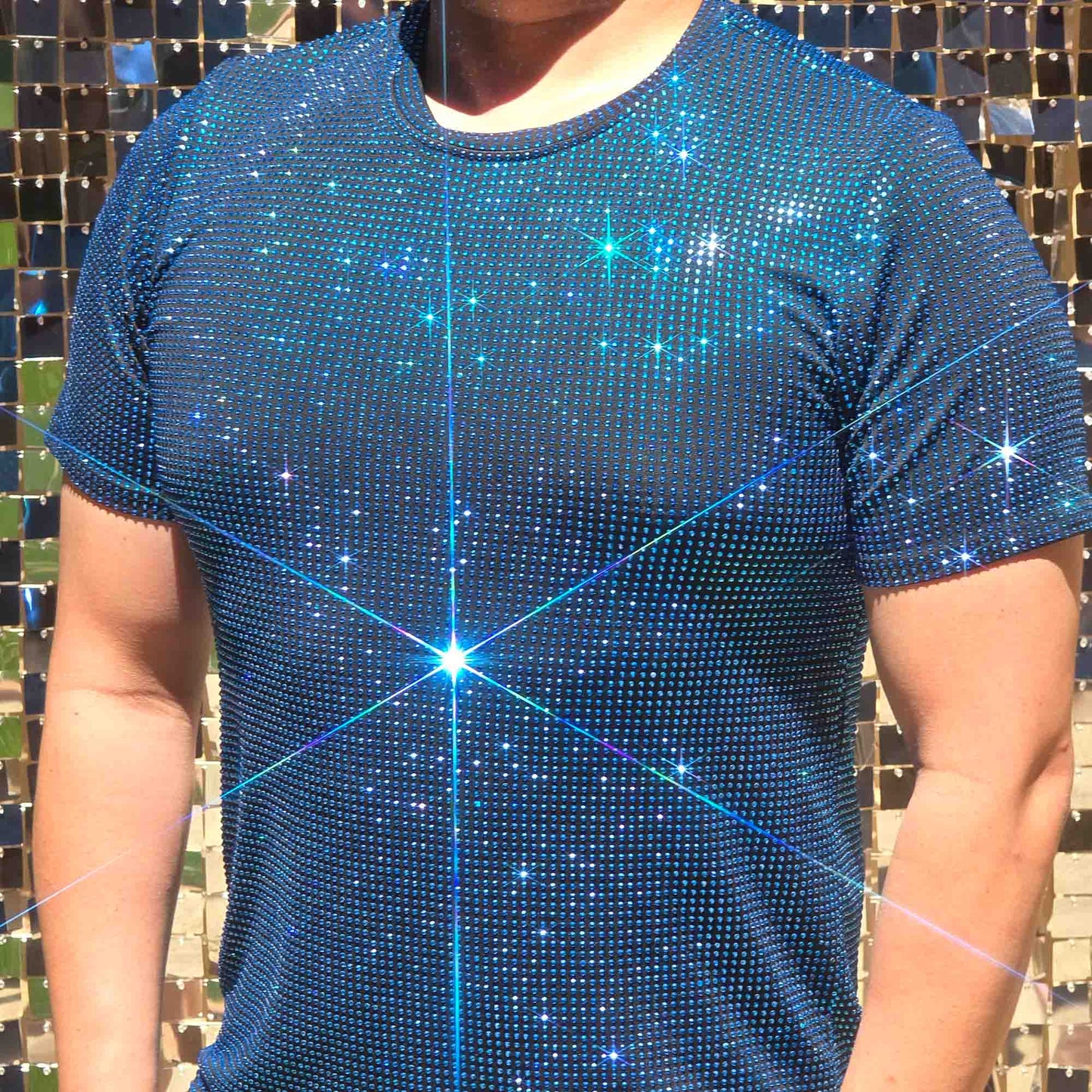 Capri Blue Crystal Rhinestone T-shirt on Black Fabric – Handmade, Sophisticated