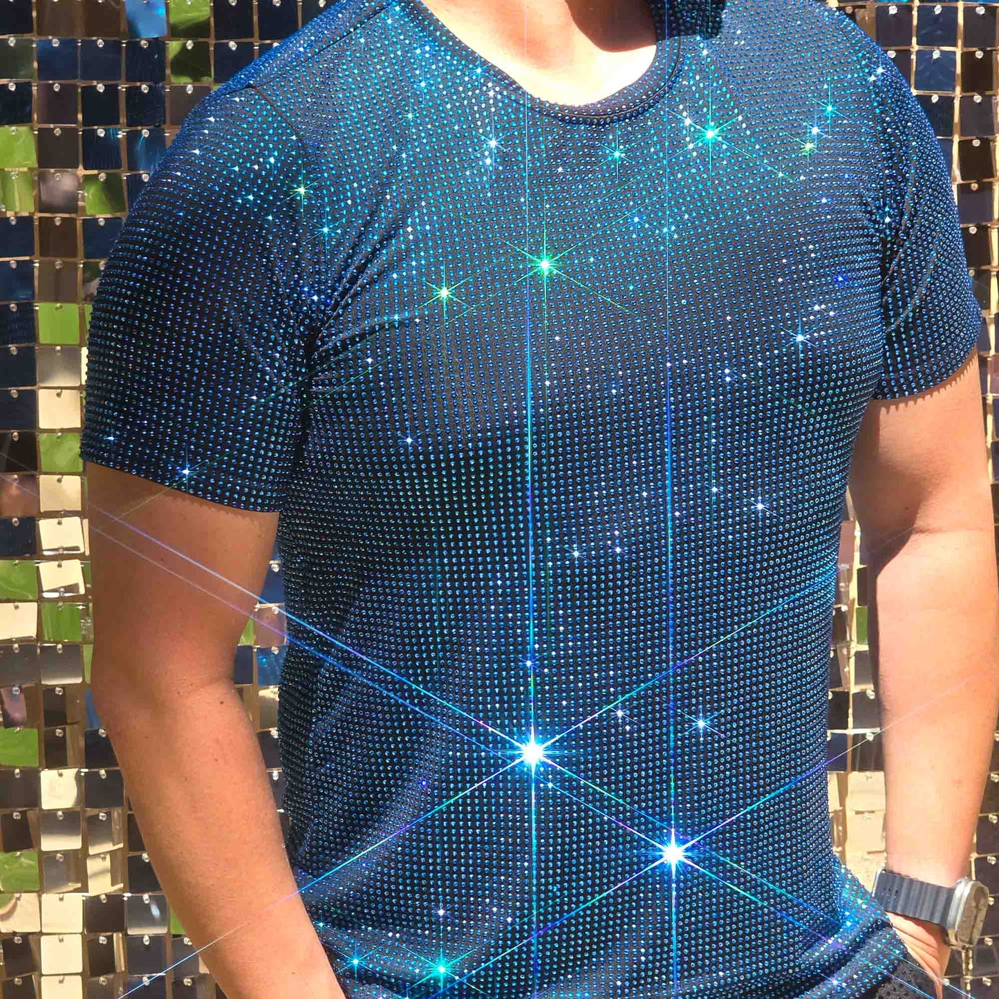 Capri Blue Crystal Rhinestone T-shirt on Black Fabric – Handmade, Sophisticated