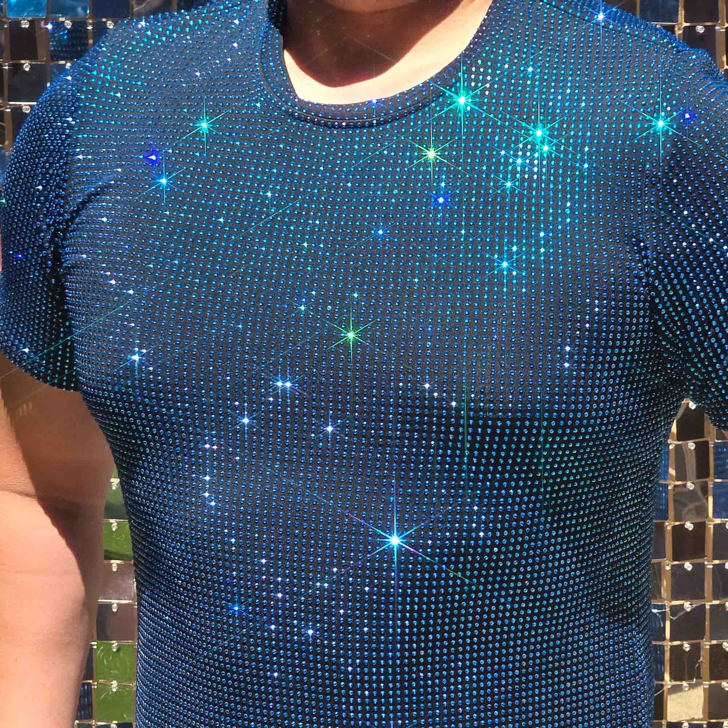 Capri Blue Crystal Rhinestone T-shirt on Black Fabric – Handmade, Sophisticated