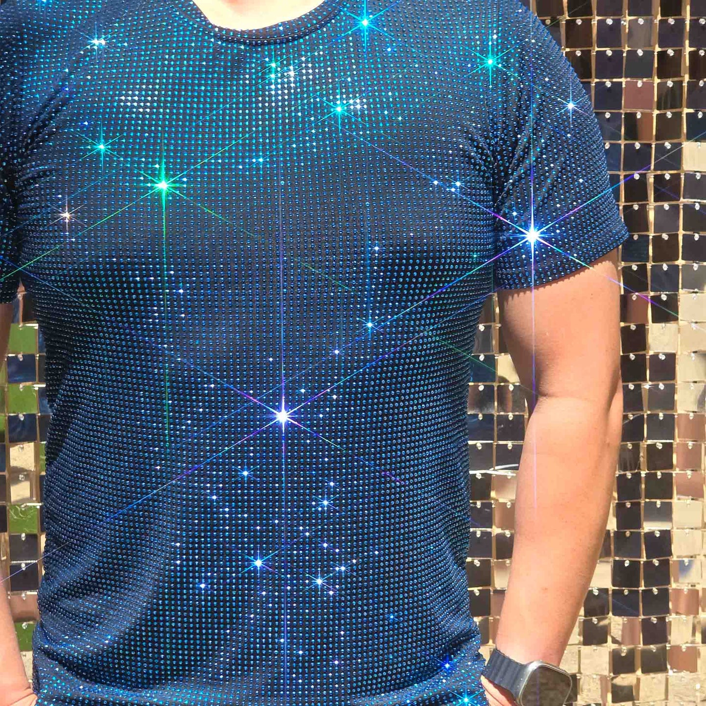 Capri Blue Crystal Rhinestone T-shirt on Black Fabric – Handmade, Sophisticated