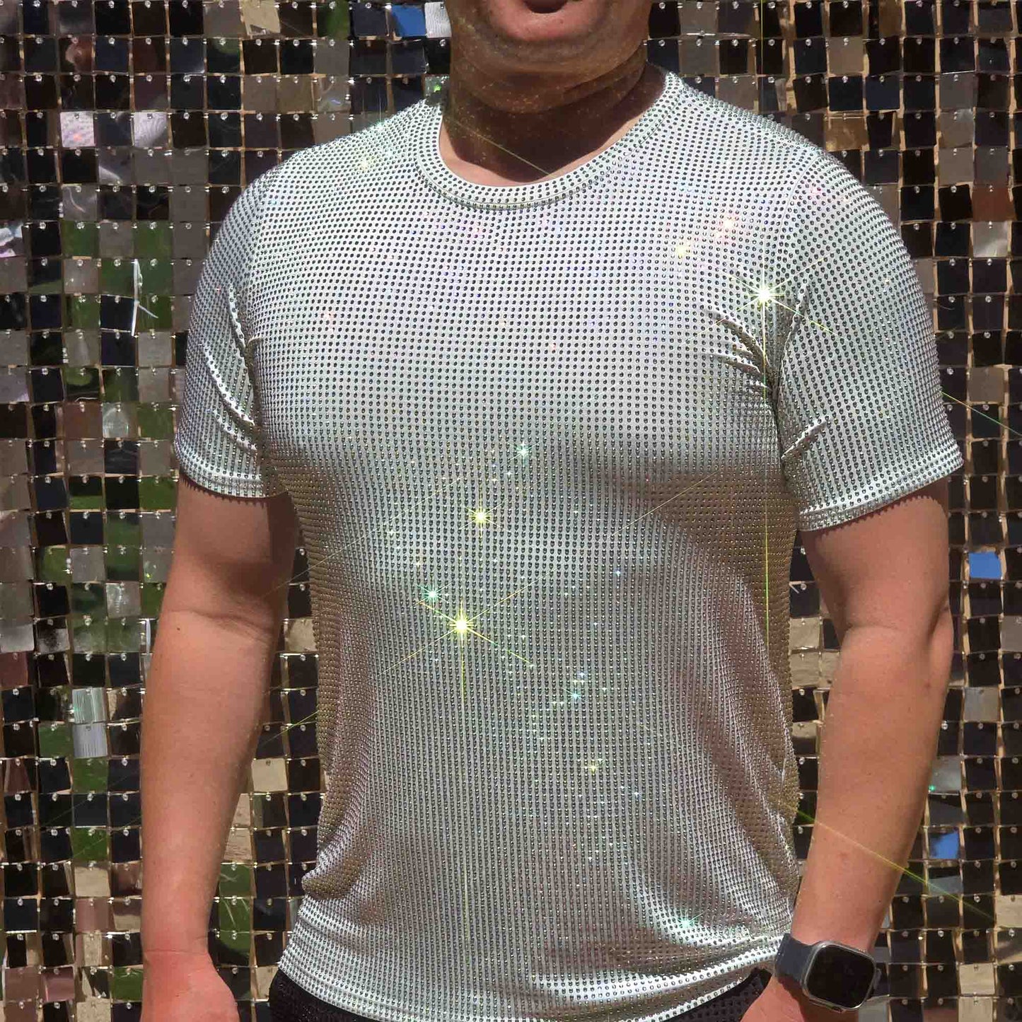 Clear AB Crystal Rhinestone T-shirt on White Fabric – Handmade, Elegant