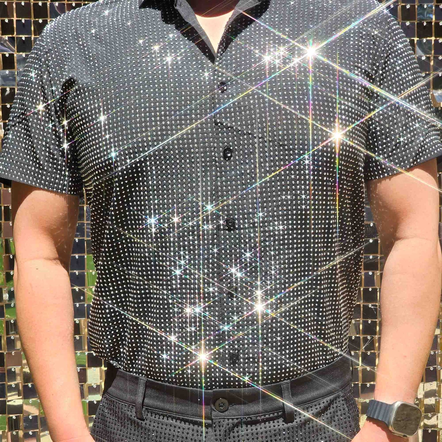 Silver Crystal Rhinestone Short Sleeve Dress Shirt on Black Fabric – Handmade, Sophisticated