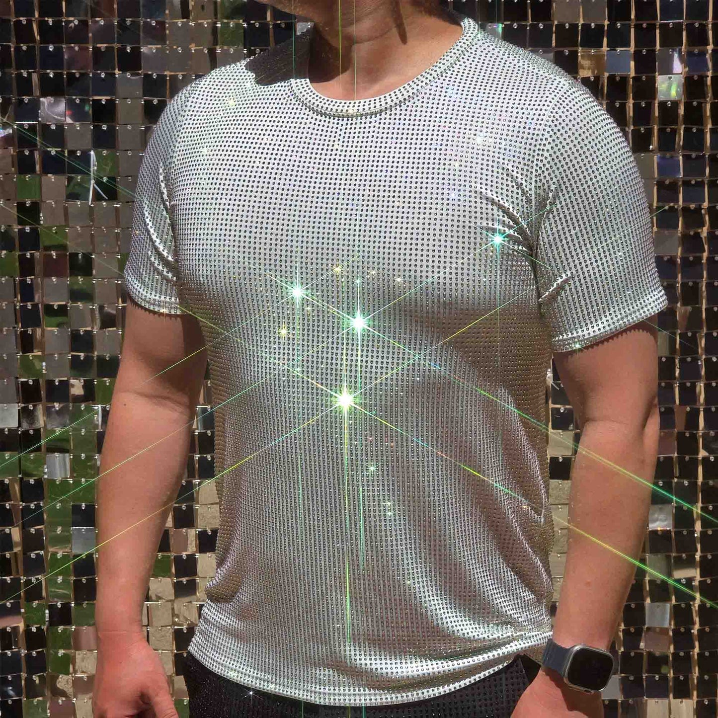 Clear AB Crystal Rhinestone T-shirt on White Fabric – Handmade, Elegant
