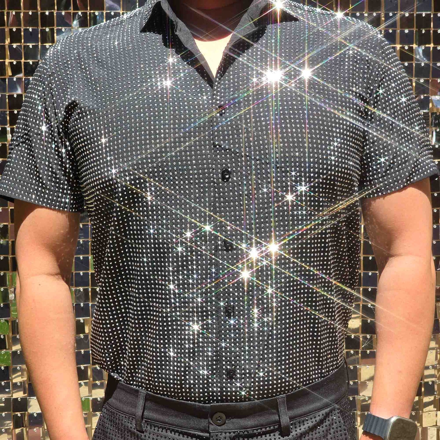Silver Crystal Rhinestone Short Sleeve Dress Shirt on Black Fabric – Handmade, Sophisticated