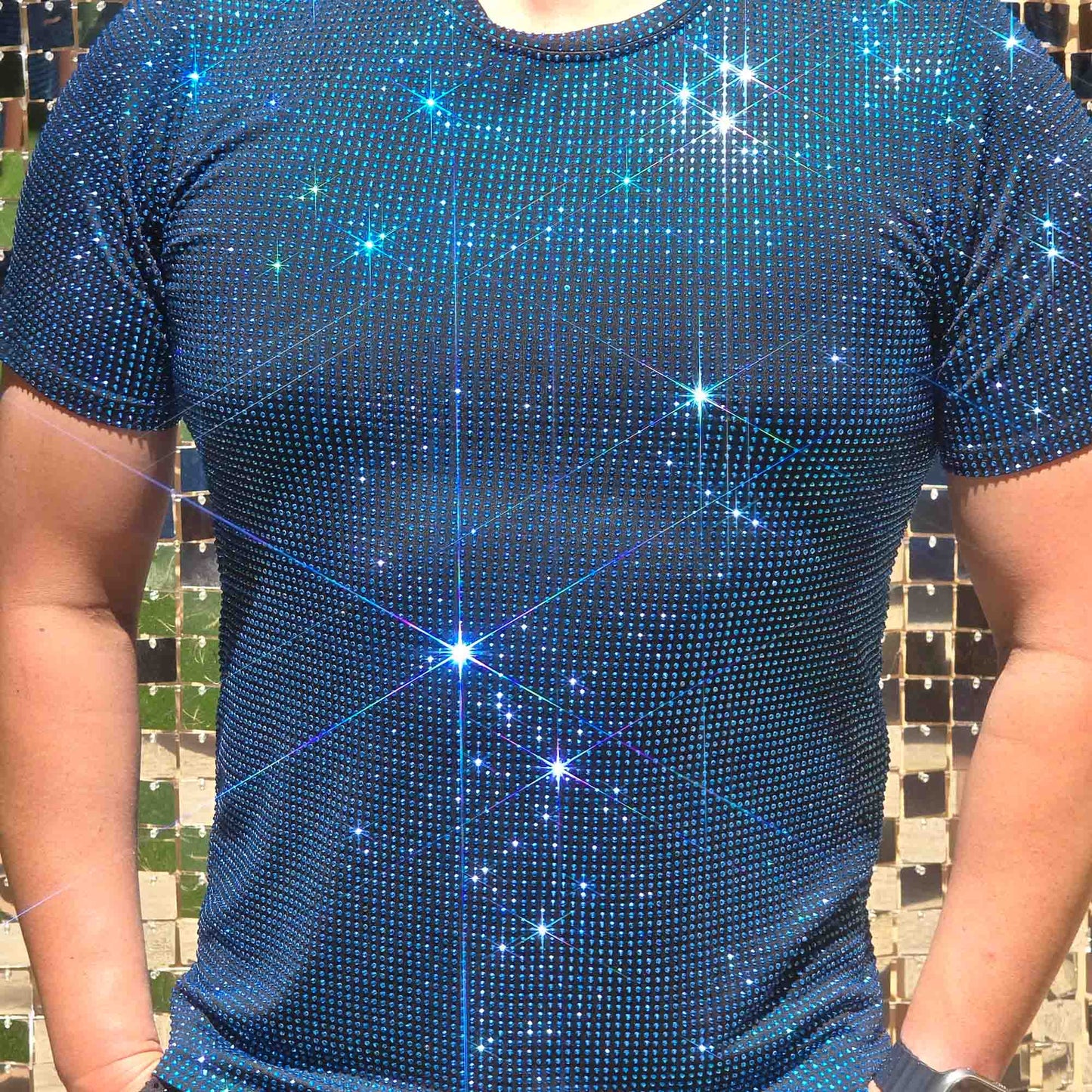 Capri Blue Crystal Rhinestone T-shirt on Black Fabric – Handmade, Sophisticated