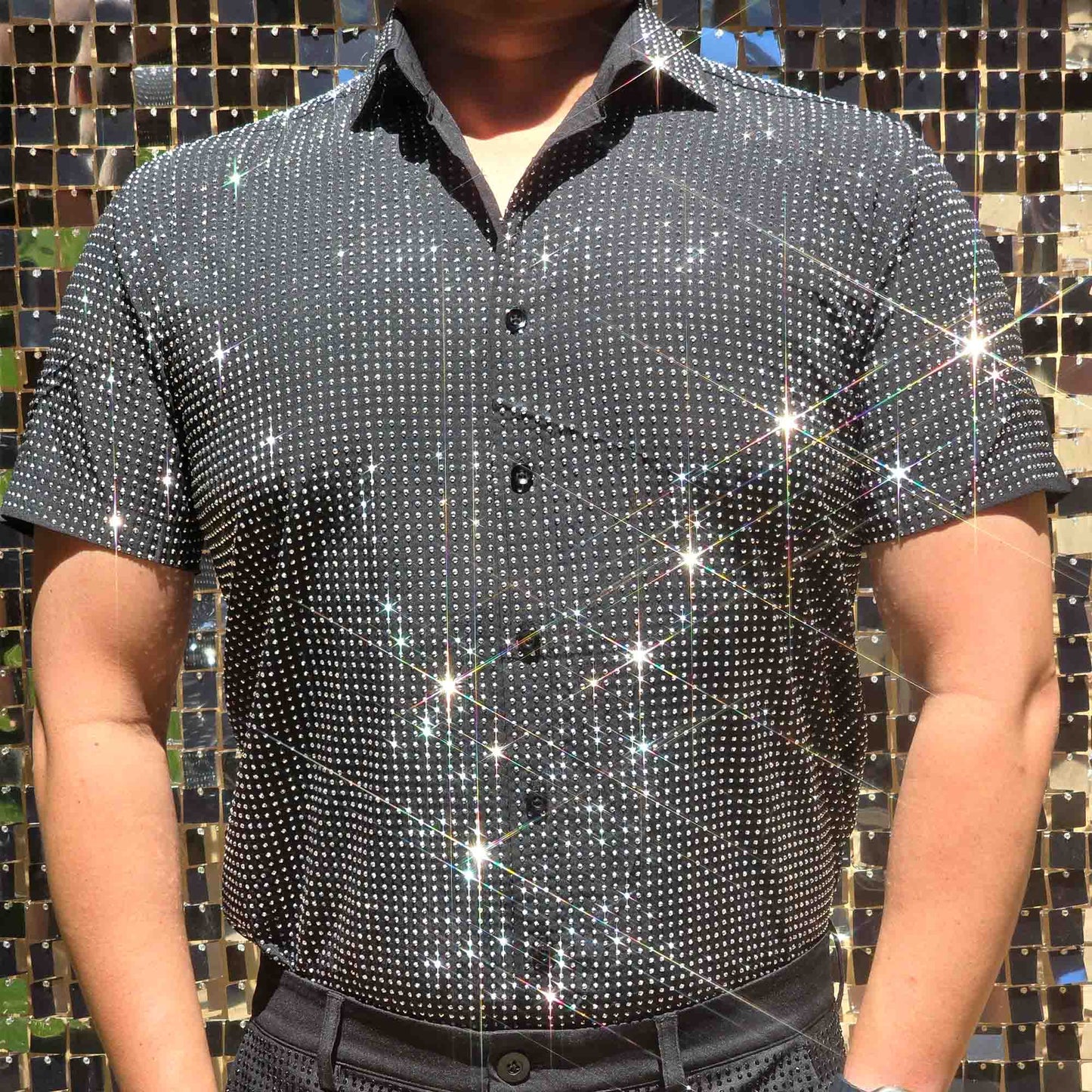 Silver Crystal Rhinestone Short Sleeve Dress Shirt on Black Fabric – Handmade, Sophisticated
