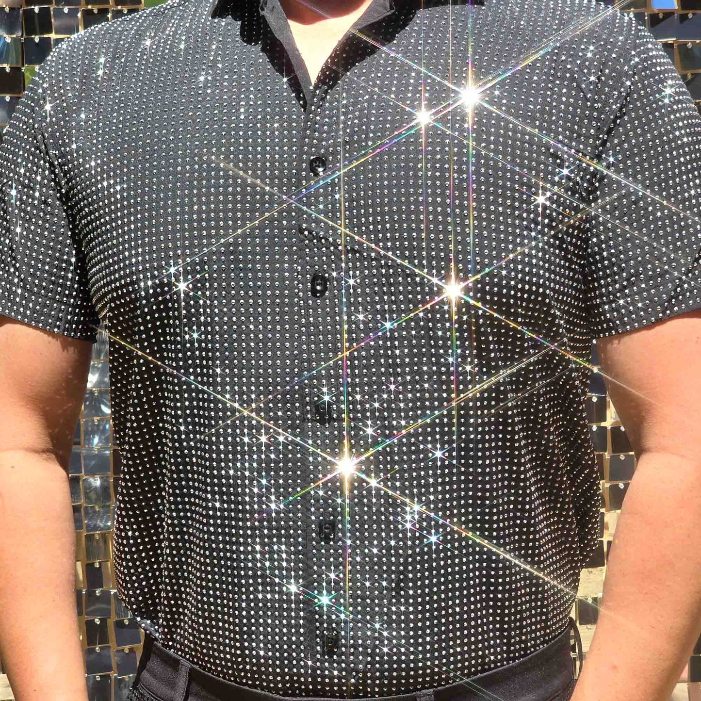 Silver Crystal Rhinestone Short Sleeve Dress Shirt on Black Fabric – Handmade, Sophisticated