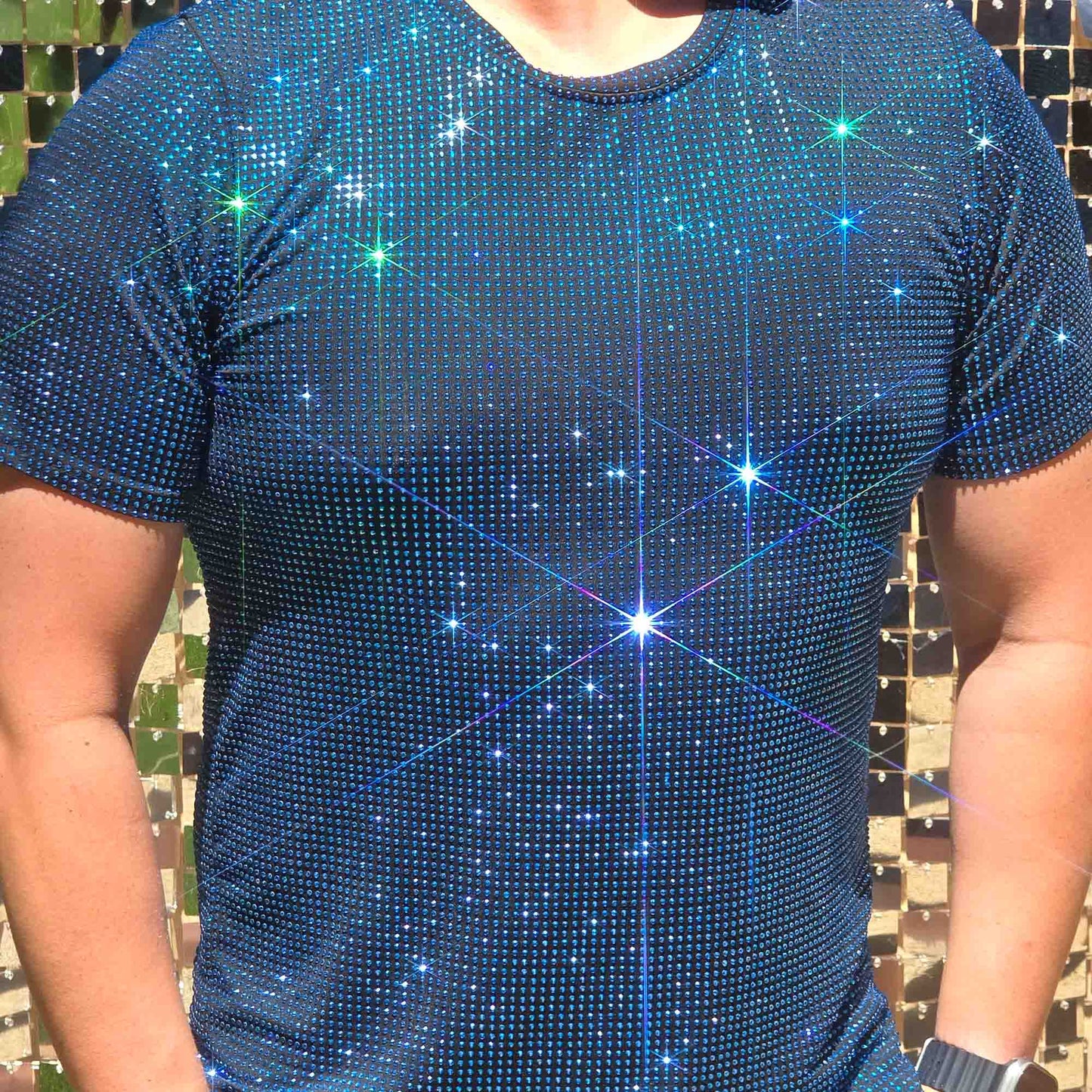 Capri Blue Crystal Rhinestone T-shirt on Black Fabric – Handmade, Sophisticated
