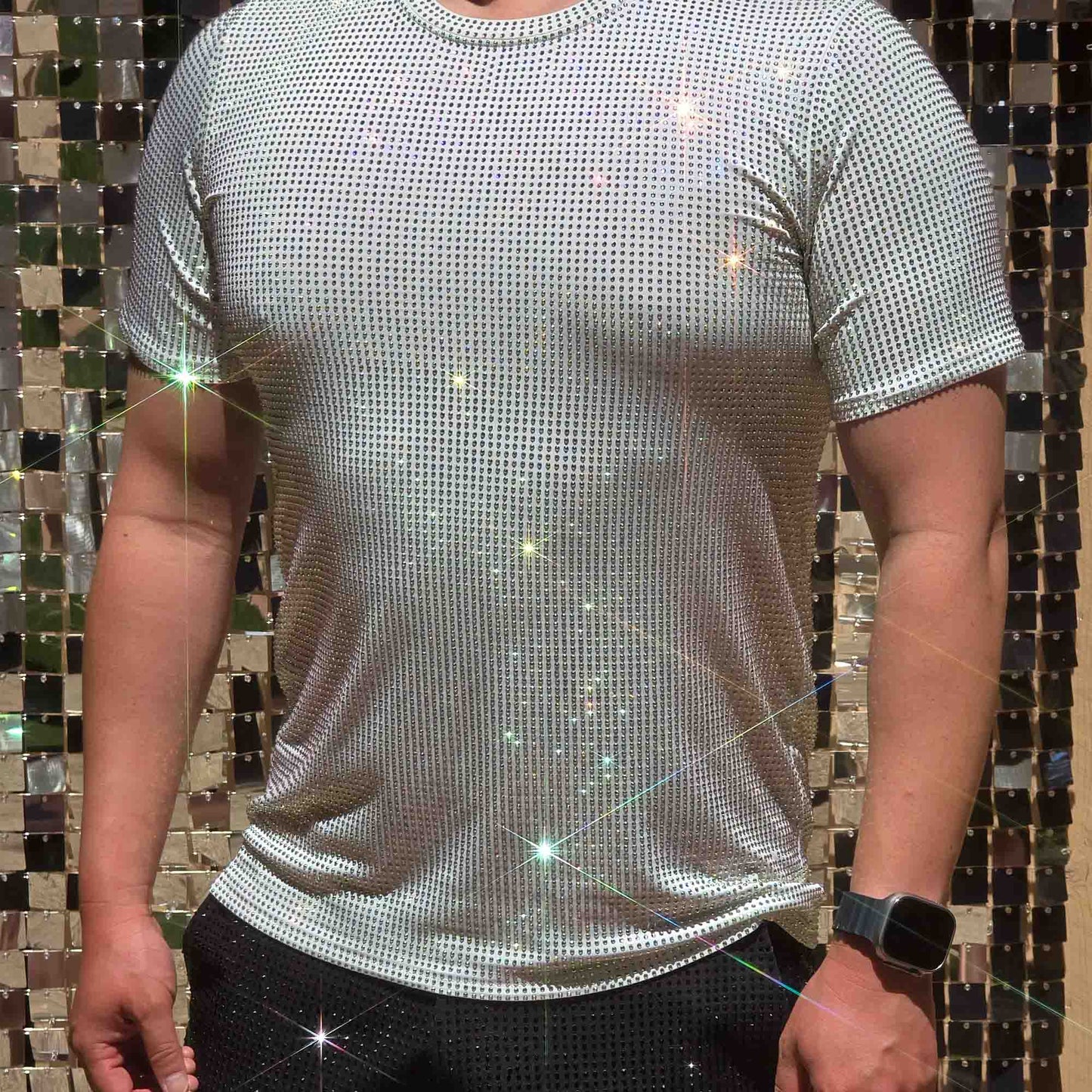 Clear AB Crystal Rhinestone T-shirt on White Fabric – Handmade, Elegant