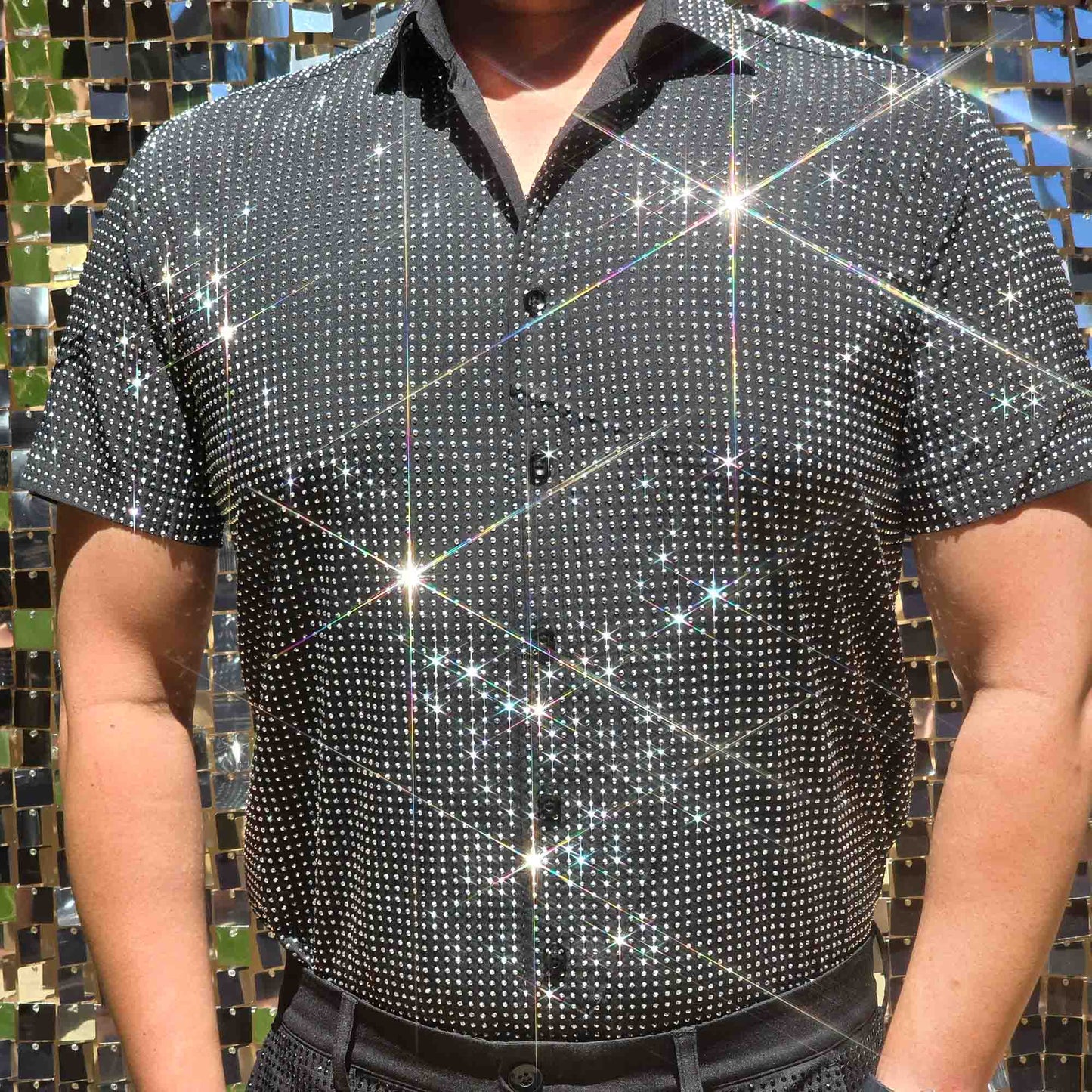 Silver Crystal Rhinestone Short Sleeve Dress Shirt on Black Fabric – Handmade, Sophisticated