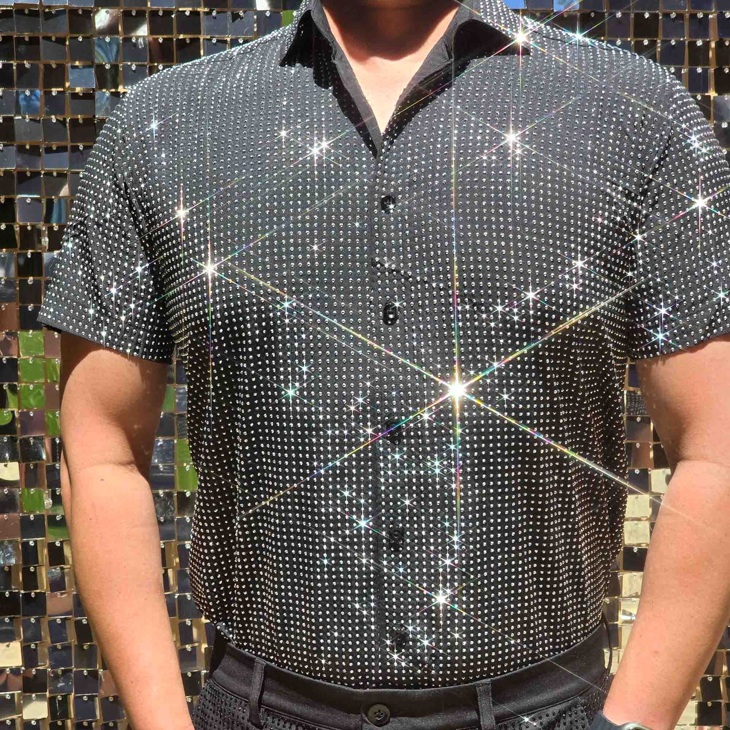 Silver Crystal Rhinestone Short Sleeve Dress Shirt on Black Fabric – Handmade, Sophisticated
