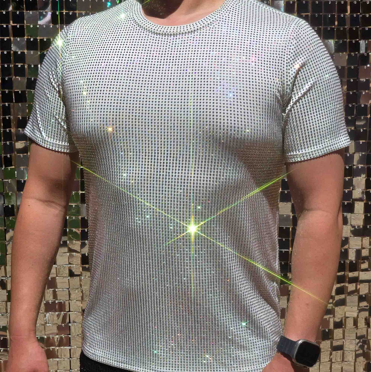 Clear AB Crystal Rhinestone T-shirt on White Fabric – Handmade, Elegant