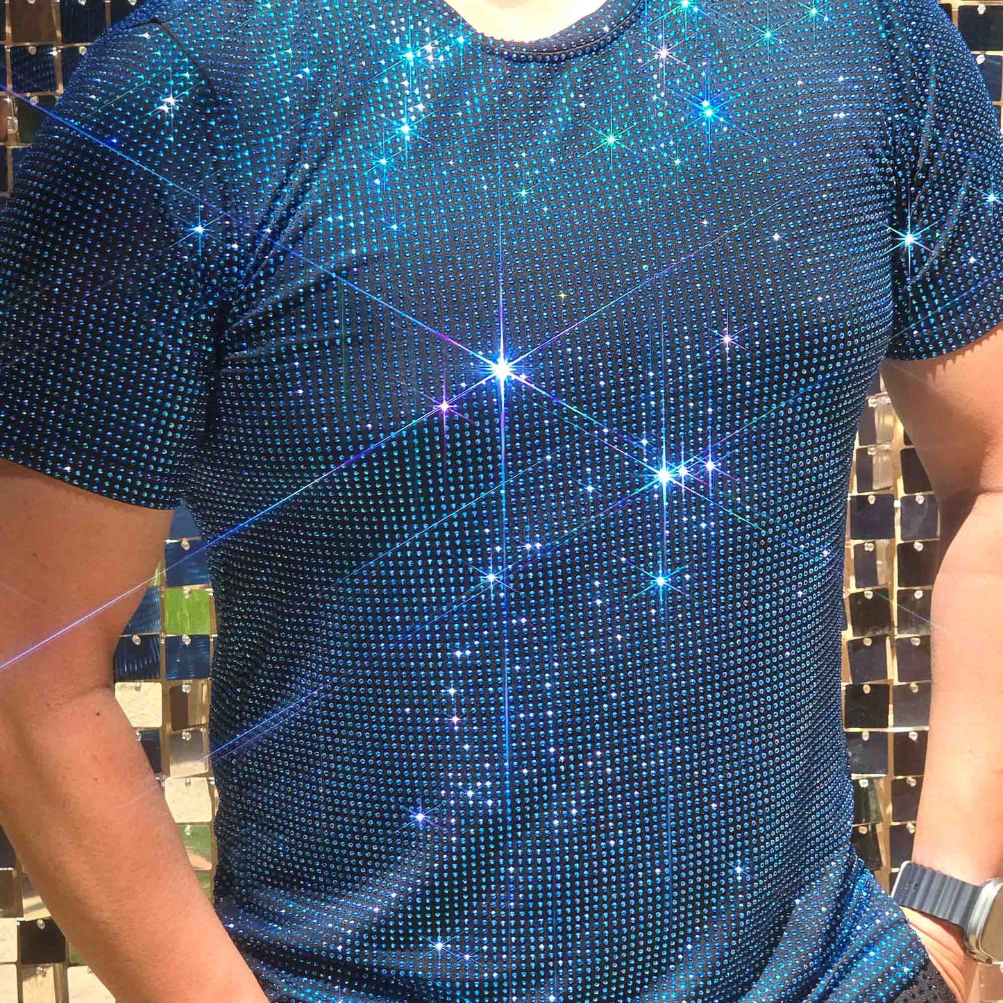 Capri Blue Crystal Rhinestone T-shirt on Black Fabric – Handmade, Sophisticated