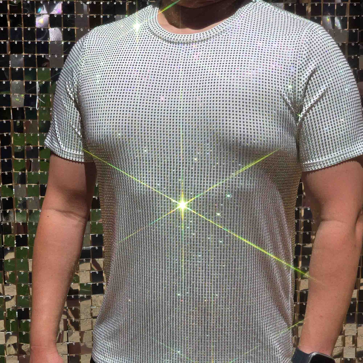 Clear AB Crystal Rhinestone T-shirt on White Fabric – Handmade, Elegant