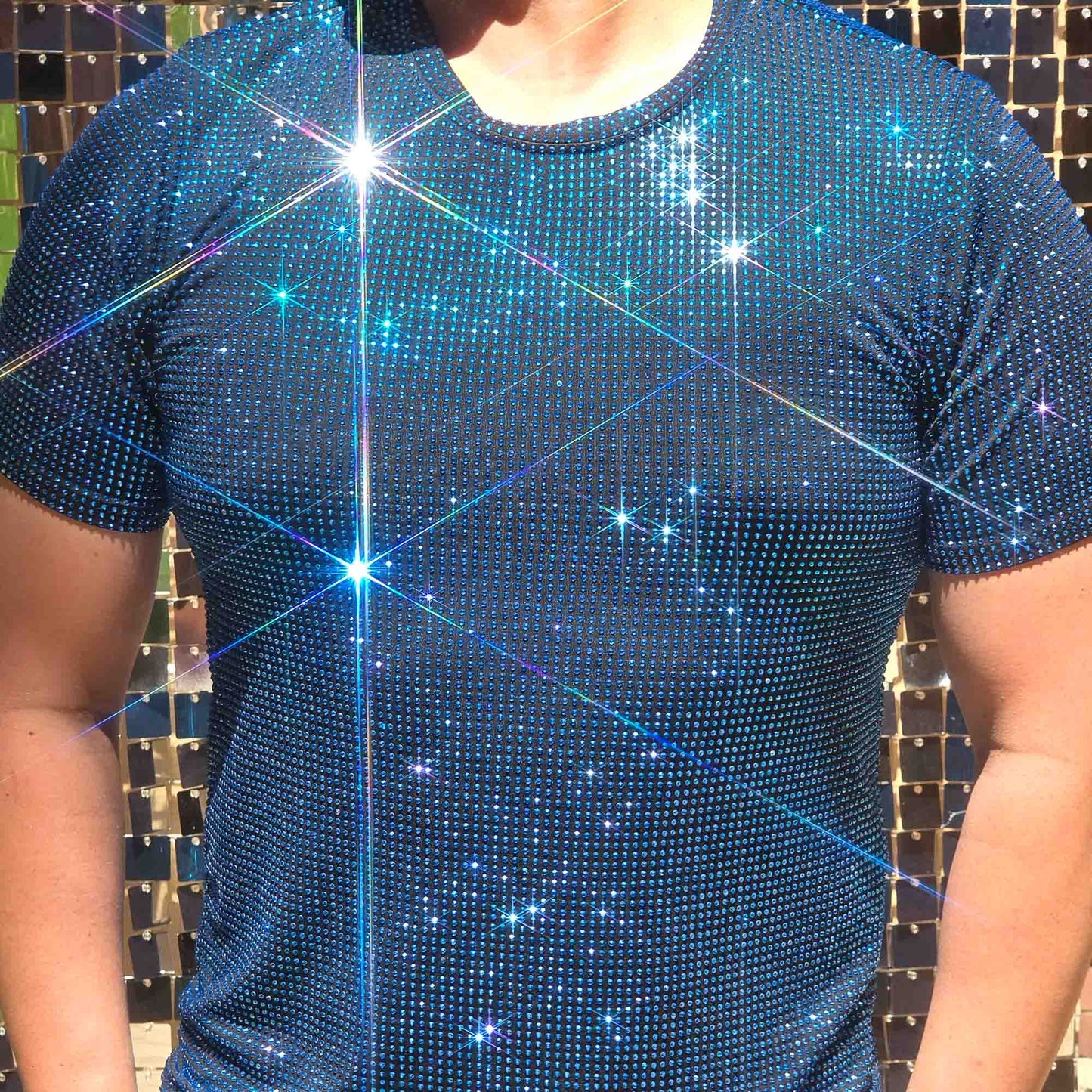 Capri Blue Crystal Rhinestone T-shirt on Black Fabric – Handmade, Sophisticated