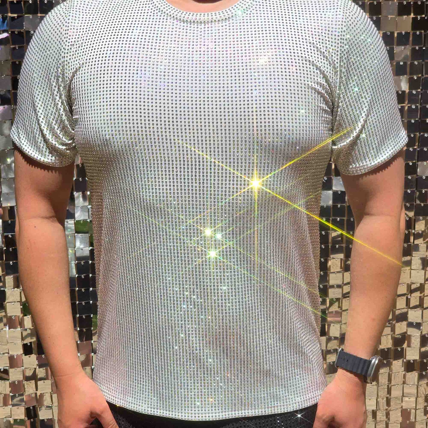 Clear AB Crystal Rhinestone T-shirt on White Fabric – Handmade, Elegant