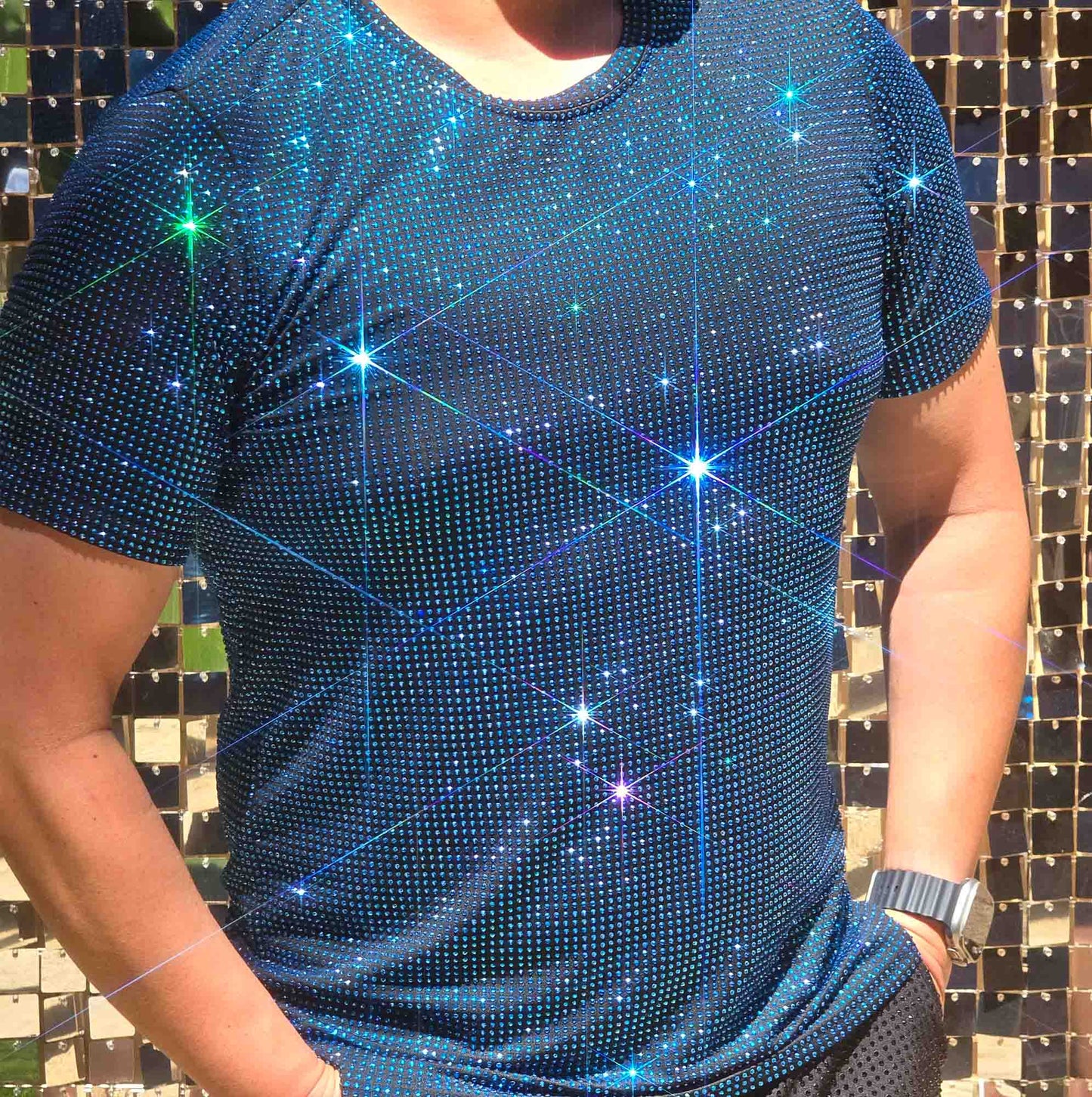 Capri Blue Crystal Rhinestone T-shirt on Black Fabric – Handmade, Sophisticated