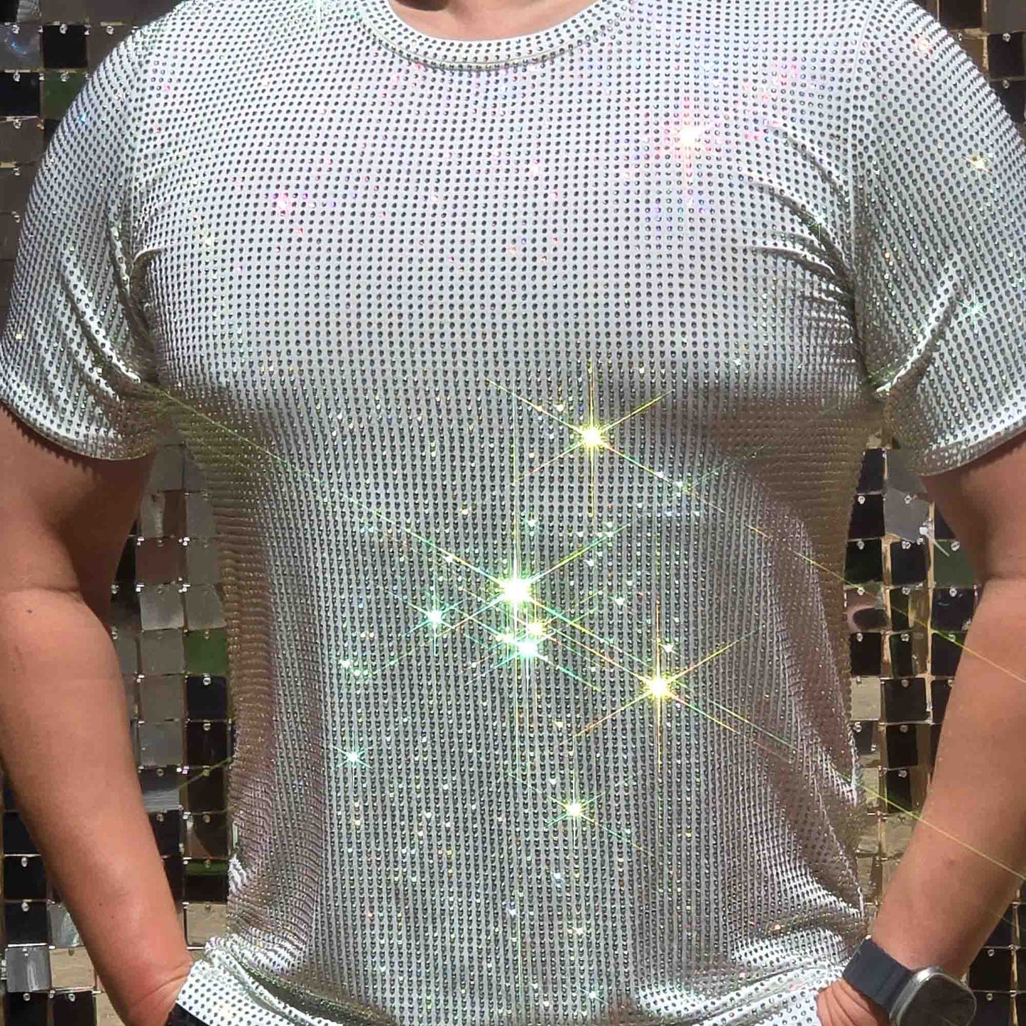 Clear AB Crystal Rhinestone T-shirt on White Fabric – Handmade, Elegant