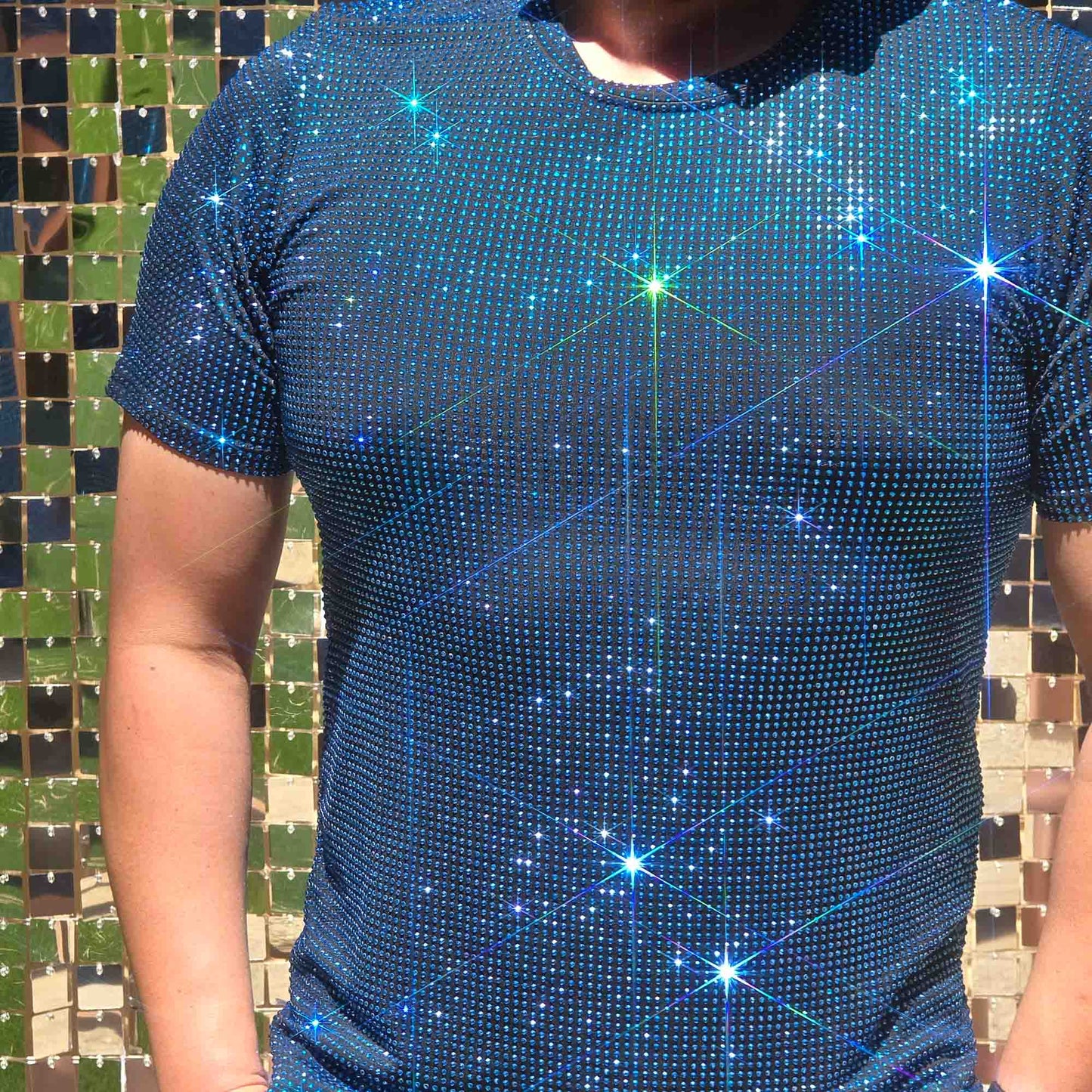 Capri Blue Crystal Rhinestone T-shirt on Black Fabric – Handmade, Sophisticated