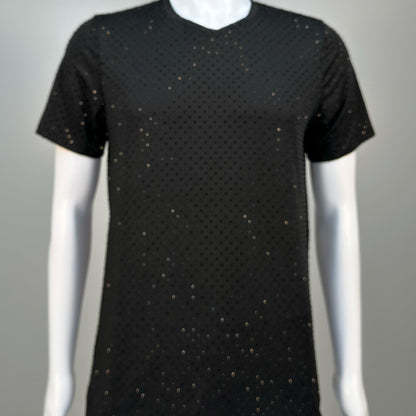 Blurred view of Jet Black Crystals on Black Fabric Dotted T-shirt demonstrating how the garment sparkles in videos.