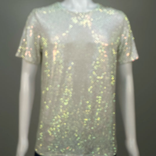 Blurred view of Clear AB Crystals on White Fabric T-shirt demonstrating how the garment sparkles in videos.