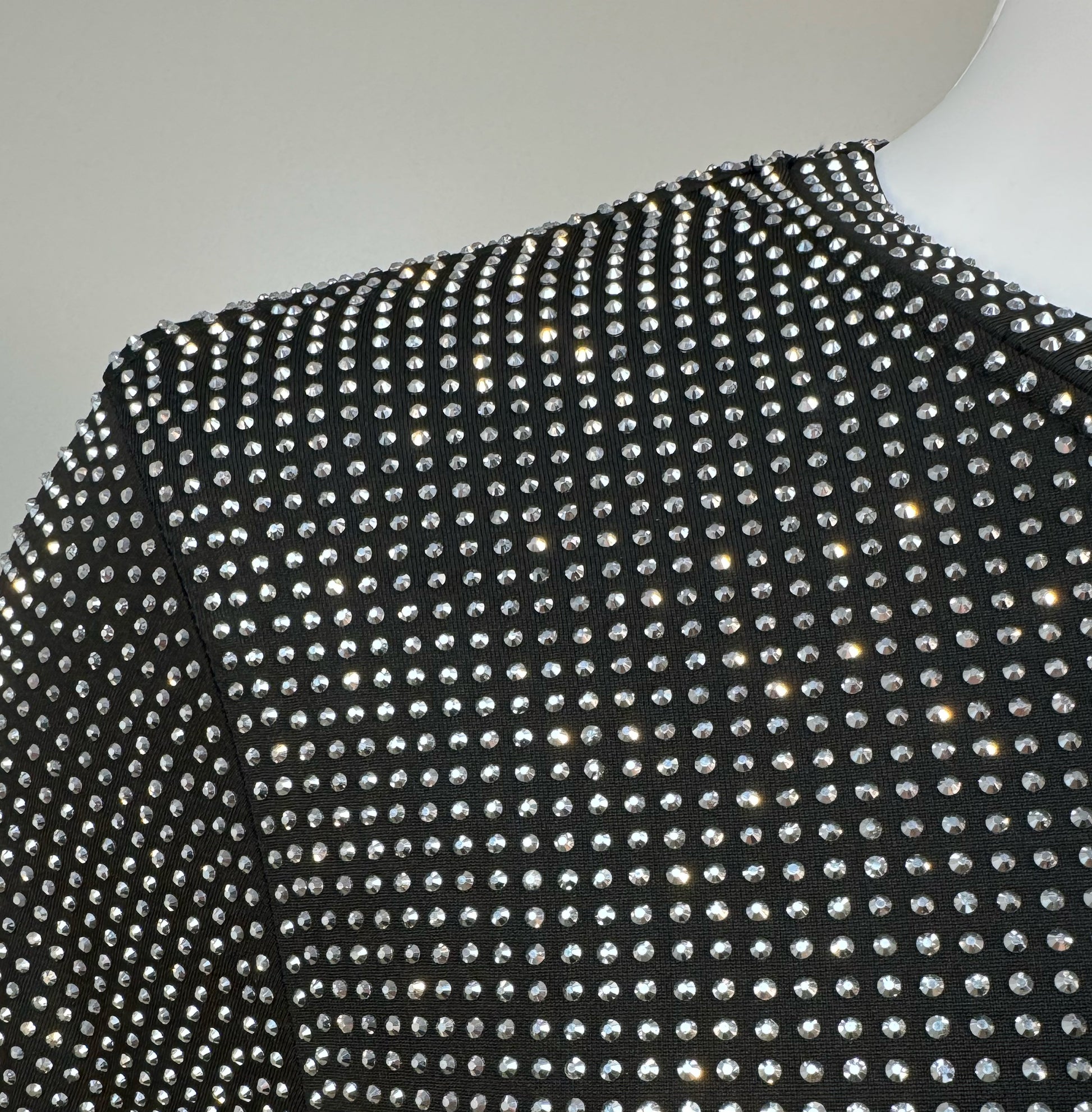 Shoulder detail of Silver Crystals on Black Fabric T-shirt revealing the impeccable construction of this complex garment.
