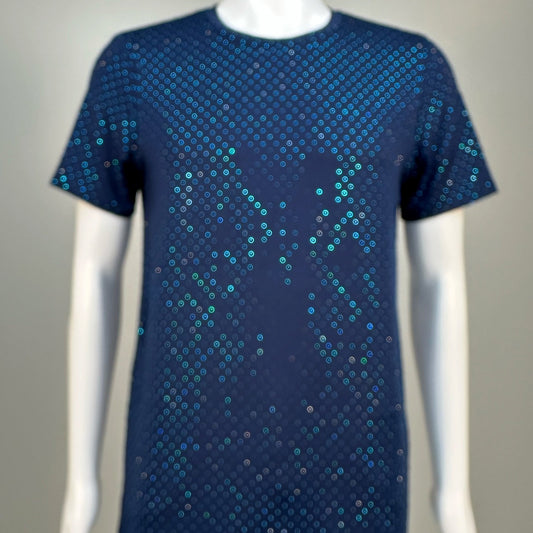 Blurred view of Capri Blue Crystals on Navy Fabric Dotted T-shirt demonstrating how the garment sparkles in videos.