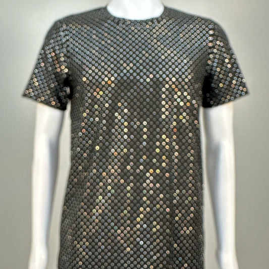 Blurred view of Clear Crystals on Black Fabric Dotted T-shirt demonstrating how the garment sparkles in videos.