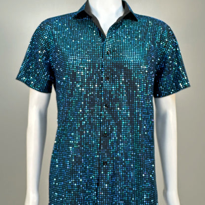 Blurred view of Capri Blue Crystals on Black Fabric Dress Shirt (Short Sleeves) demonstrating how the garment sparkles in videos.