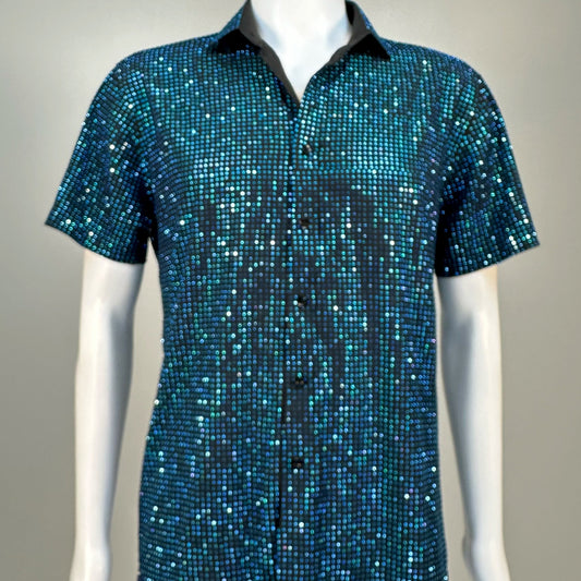 Blurred view of Capri Blue Crystals on Black Fabric Dress Shirt (Short Sleeves) demonstrating how the garment sparkles in videos.