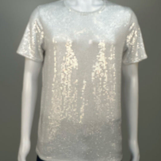 Blurred view of Clear Crystals on White Fabric T-shirt demonstrating how the garment sparkles in videos.