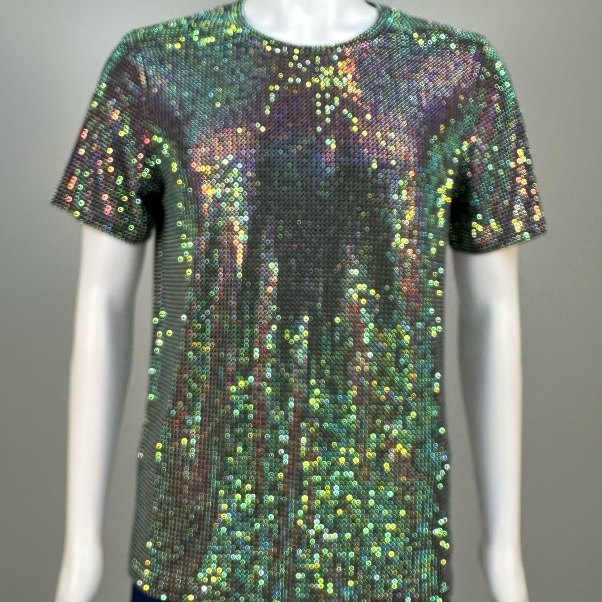Blurred view of Clear AB Crystals on Black Fabric T-shirt demonstrating how the garment sparkles in videos.
