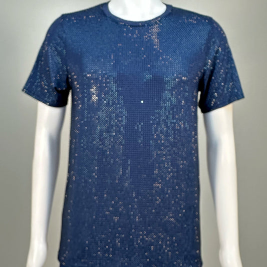 Blurred view of Navy Crystals on Navy Fabric T-shirt demonstrating how the garment sparkles in videos.