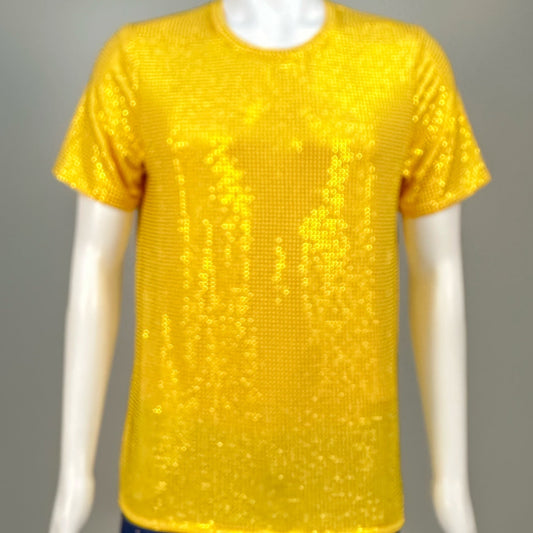 Blurred view of Yellow Crystals on Yellow Fabric T-shirt demonstrating how the garment sparkles in videos.