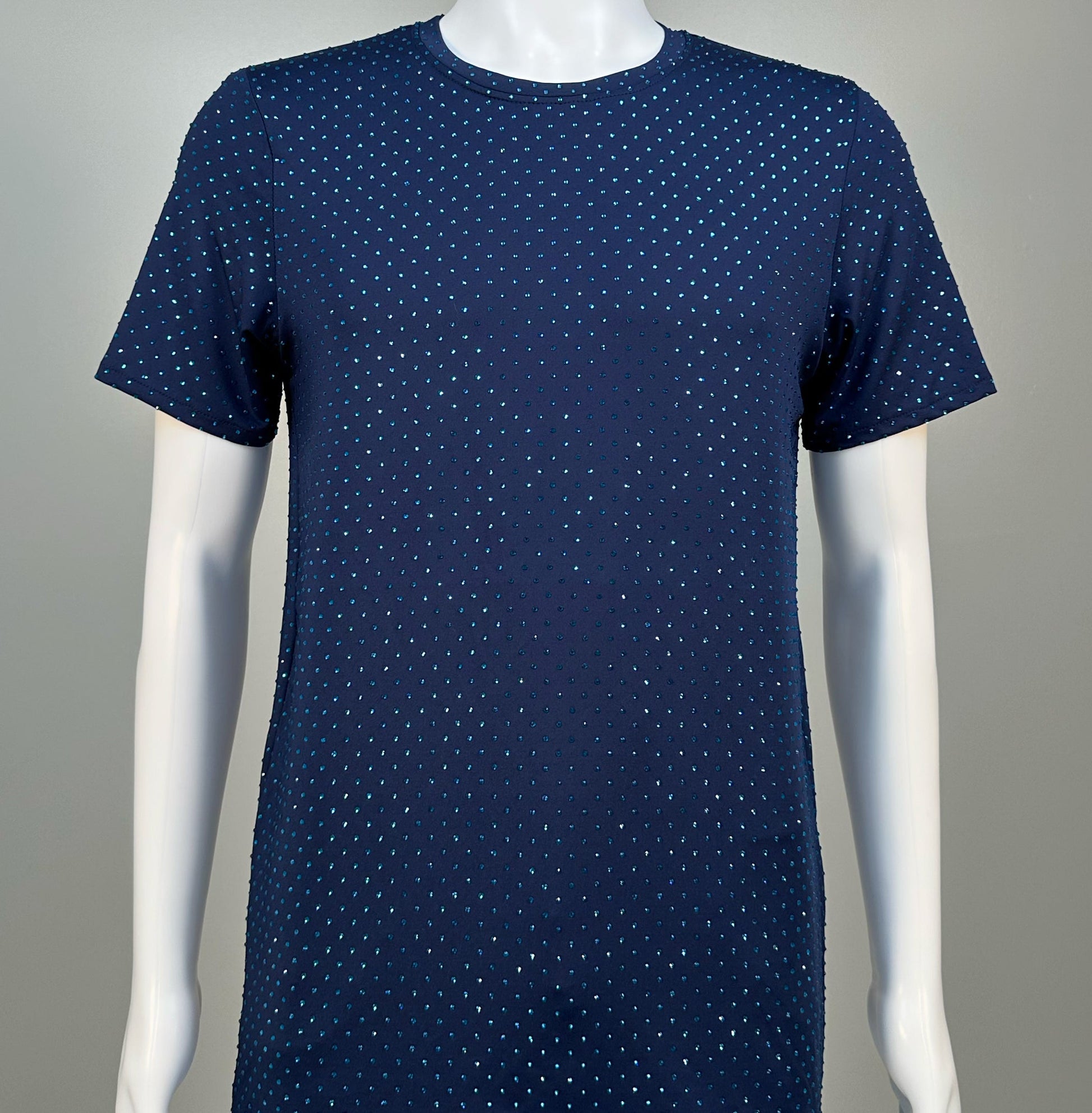 Photo of a sparkling Capri Blue Crystals on Navy Fabric Dotted T-shirt featuring thousands of crystal rhinestones.