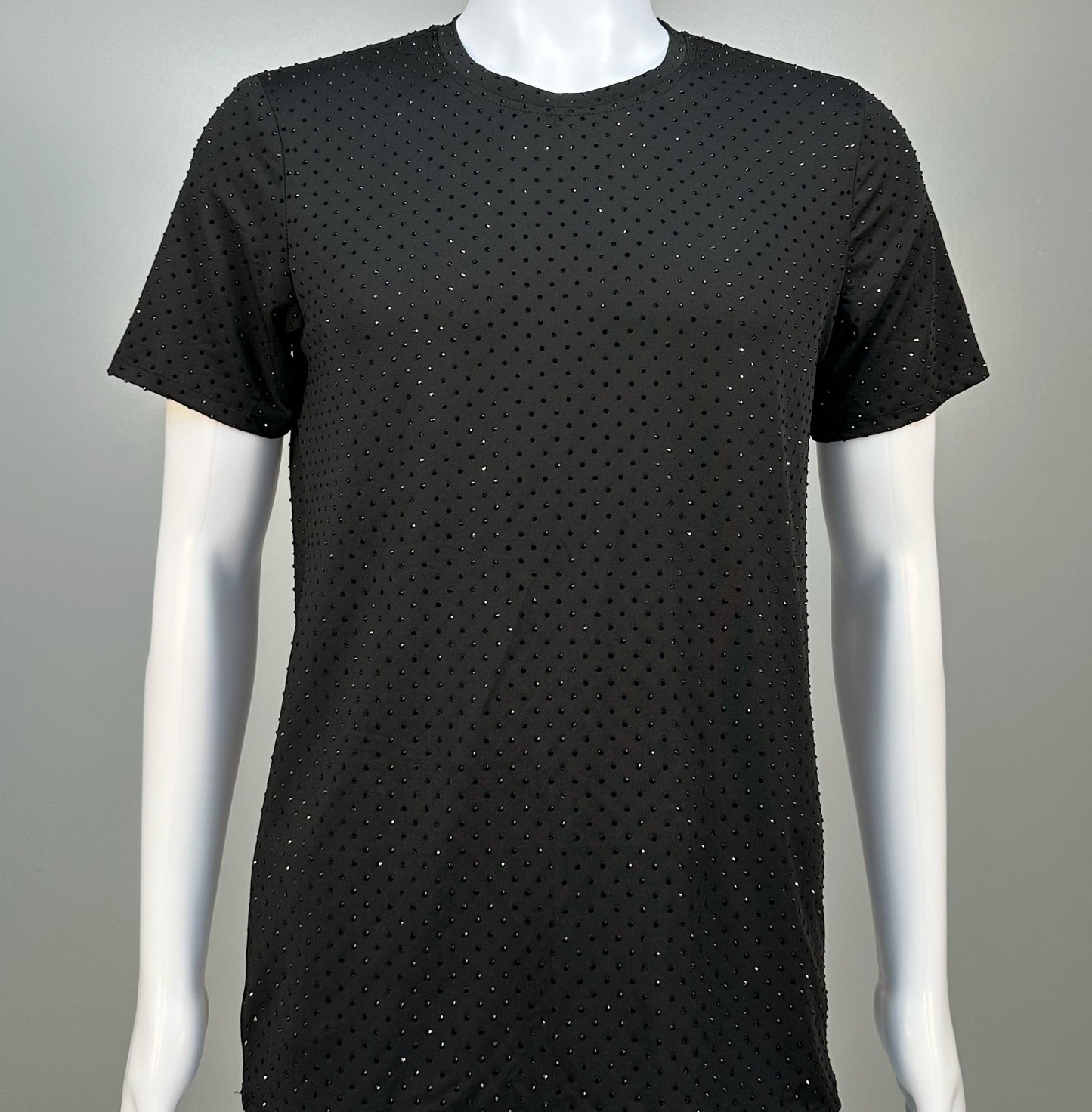 Photo of a sparkling Jet Black Crystals on Black Fabric Dotted T-shirt featuring thousands of crystal rhinestones.