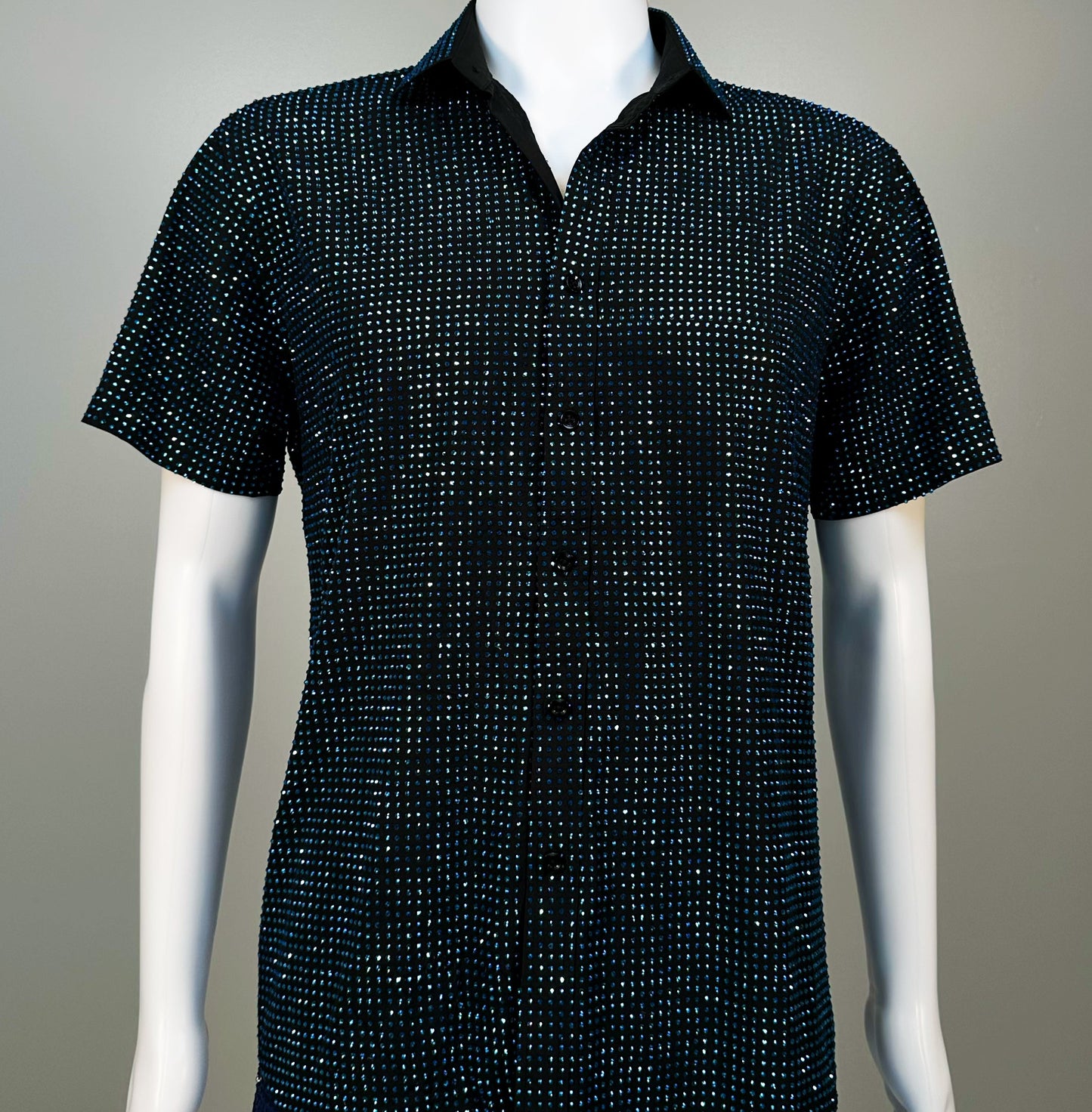 Photo of a sparkling Capri Blue Crystals on Black Fabric Dress Shirt (Short Sleeves) featuring thousands of crystal rhinestones.