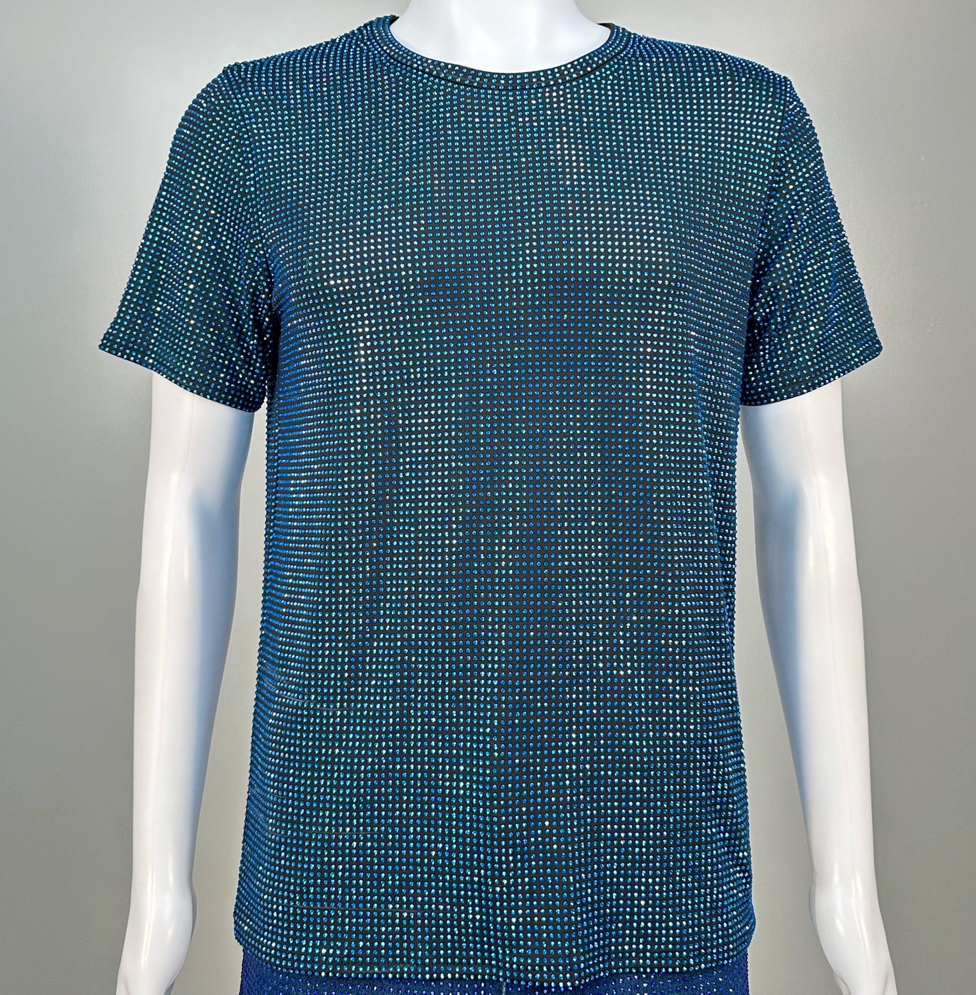 Photo of a sparkling Capri Blue Crystals on Black Fabric T-shirt featuring thousands of crystal rhinestones.