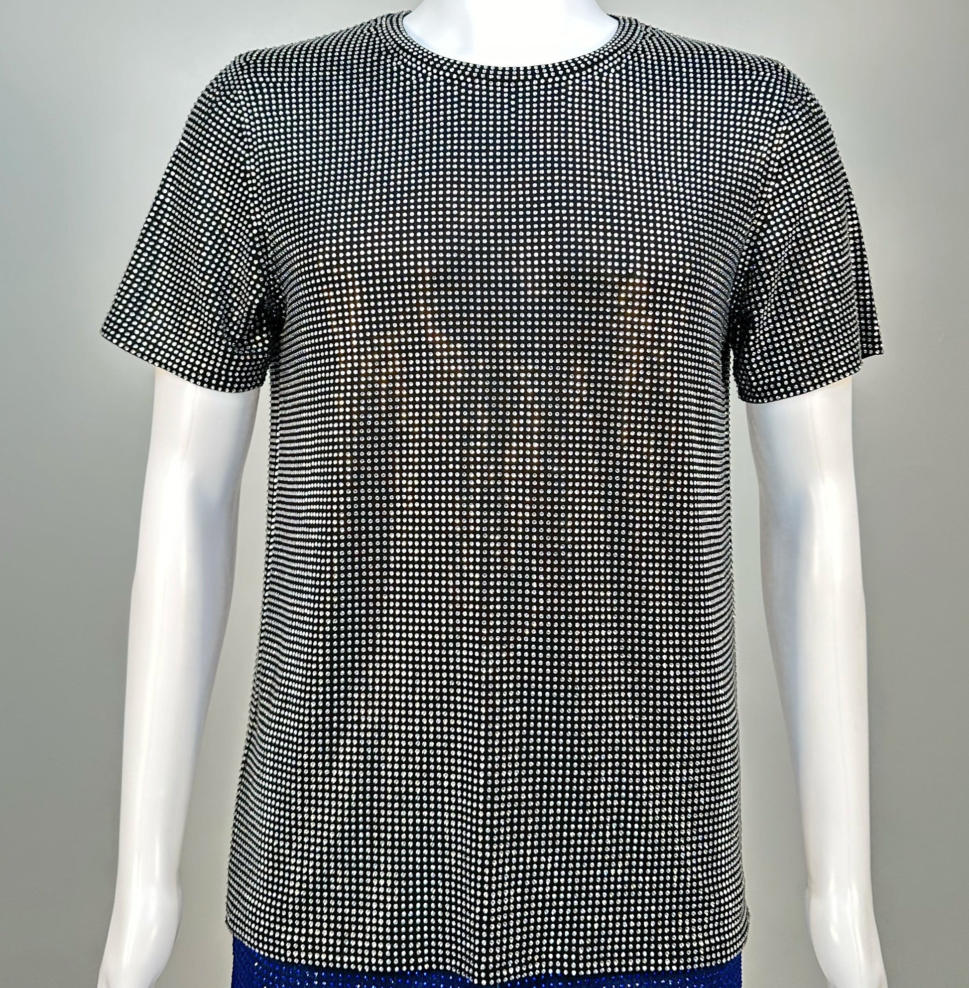 Photo of a sparkling Clear Crystals on Black Fabric T-shirt featuring thousands of crystal rhinestones.