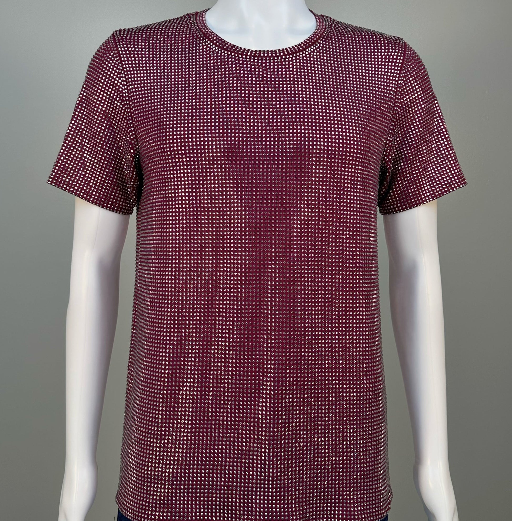 Photo of a sparkling Clear Crystals on Purple Fabric T-shirt featuring thousands of crystal rhinestones.