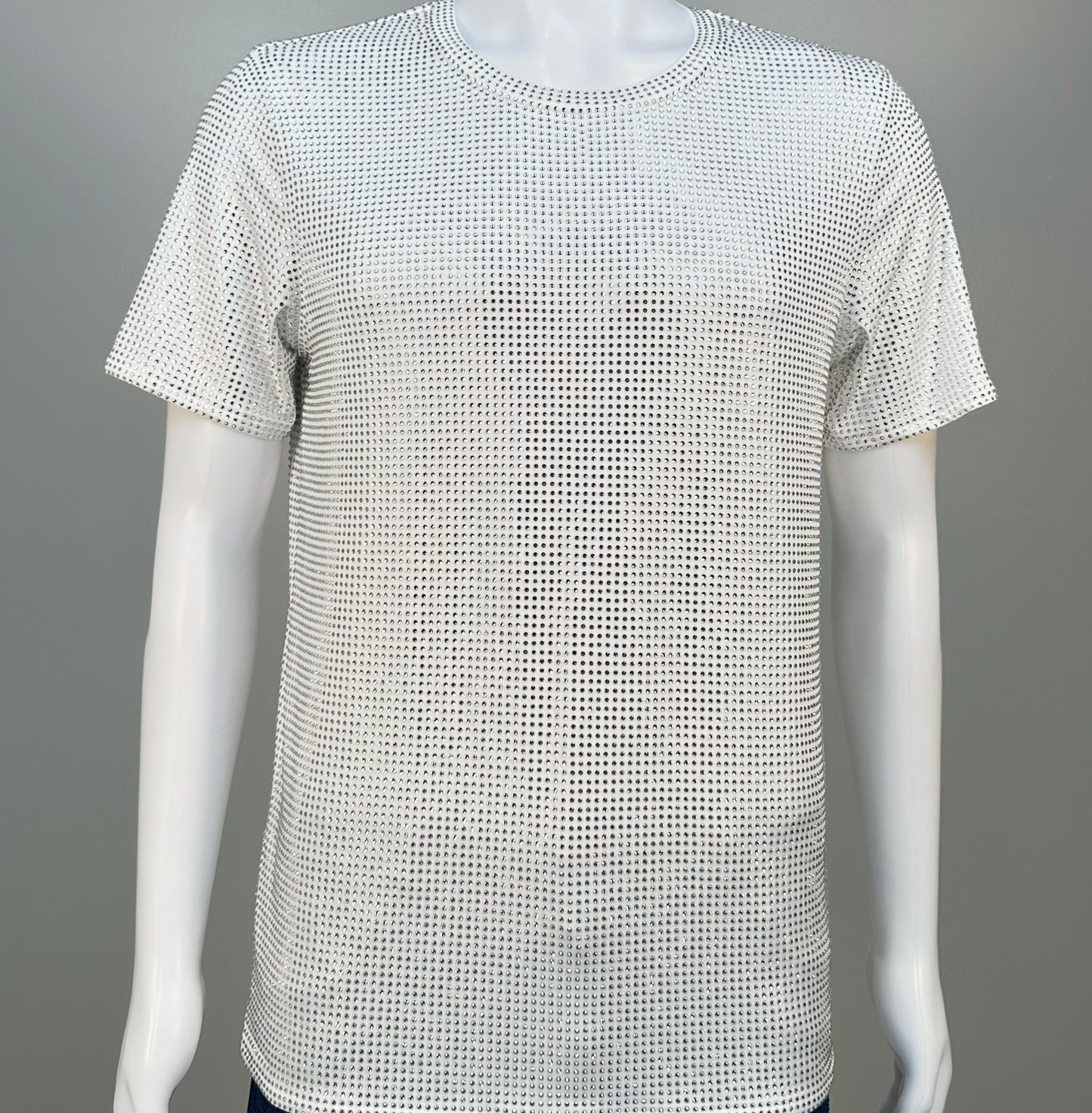 Photo of a sparkling Clear Crystals on White Fabric T-shirt featuring thousands of crystal rhinestones.
